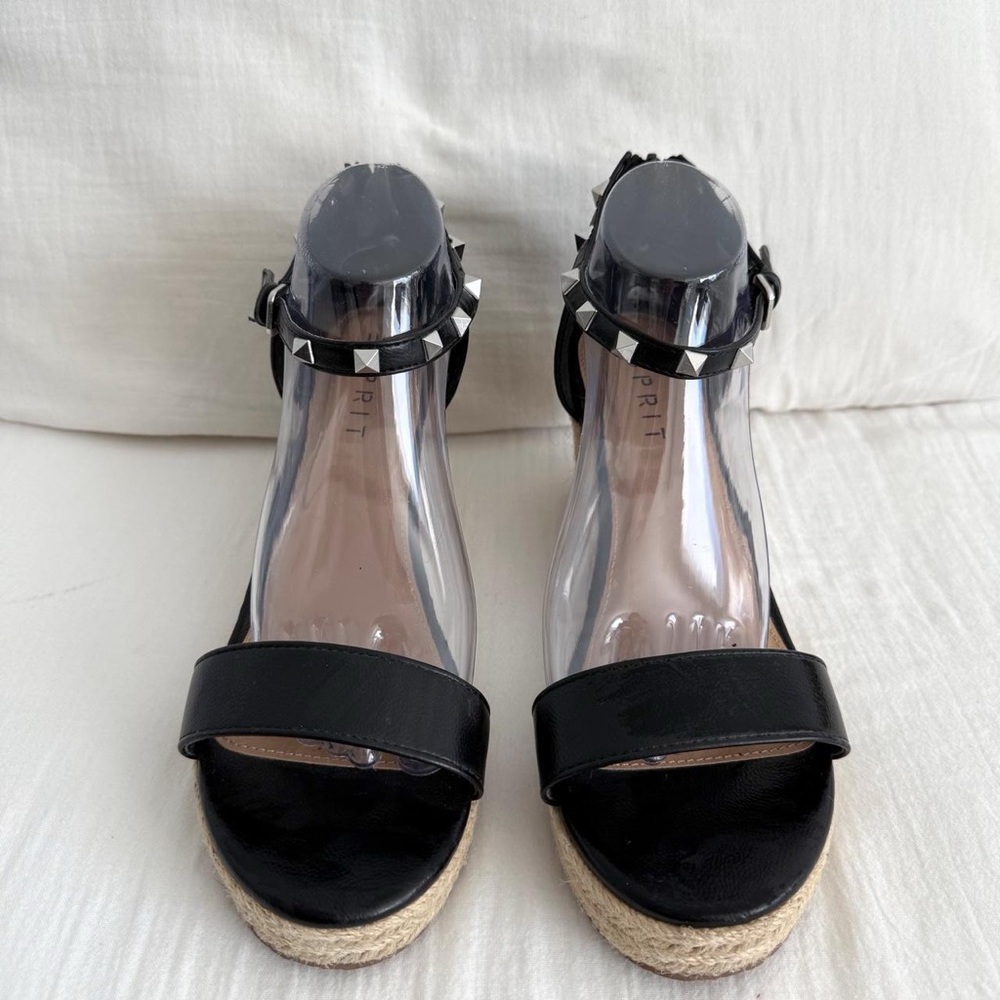 Esprit Black & Silver Studded Romy Espadrille Wedge Sandals - Picture 2 of 6